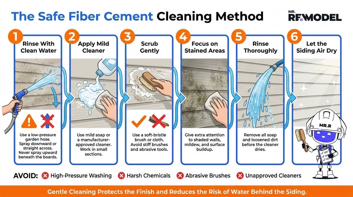 Step-by-step fiber cement siding cleaning infographic showing gentle rinsing, mild cleaner application, soft brushing, thorough rinsing, air drying, and final inspection.